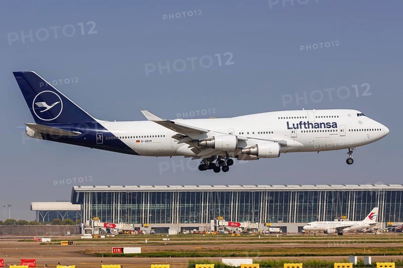 A Lufthansa Boeing 747-400 aircraft with the registration D-ABVM at Pudong Airport (PVG) in Shanghai, China