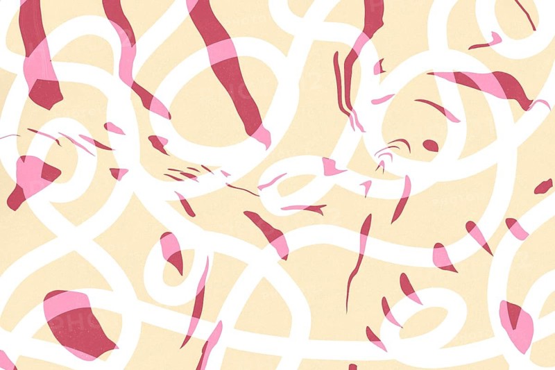 Vibrant abstract background featuring dynamic pink swirls and shapes on a soft beige background, ideal for creative designs