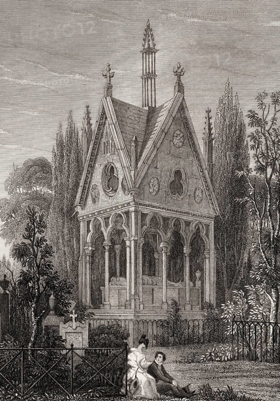 The monument of Abelard and Heloise, Père Lachaise Cemetery, Paris, antique steel engraved print, 1831