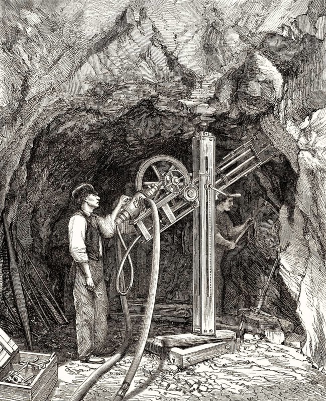 Motorhammerbohrer des Schweizer Ingenieurs Leschot, 1800-1884, Perret-Motor, Fréjus-Eisenbahntunnel oder Mont Cenis-Tunnel, 19.