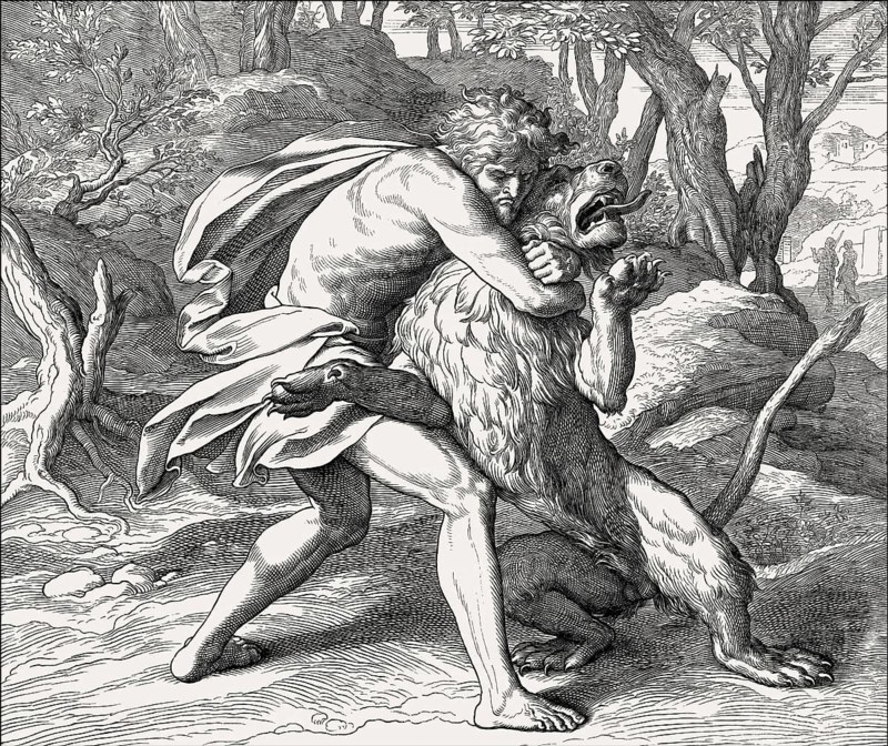 Samson Slaying the Lion, Old Testament, by Julius Schnorr von Carolsfeld, 1860