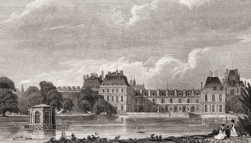 The Royal Château de Fontainebleau, near Paris, antique steel engraved print, 1831
