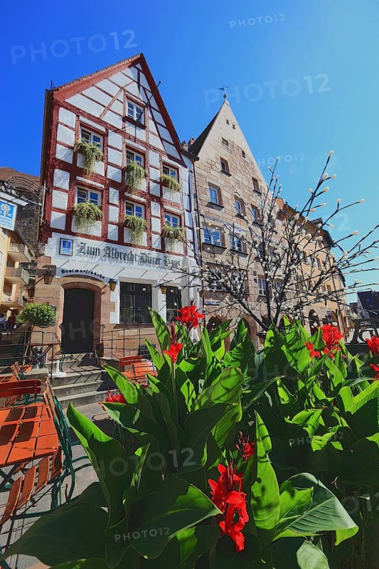 In the historic centre of Nuremberg, tower with city wall at Tiergärtnertorplatz, the Pilatushaus (right) town house from the late Gothic period, Middle Franconia, Bavaria, Germany