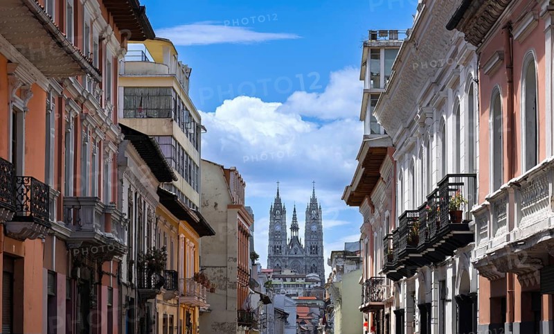 Old Town in Quito, Ecuador. Colonial colorful scenic historic city center streets.