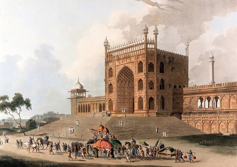 East gate of the Jama Masjid, Jami Masjid, Friday Mosque, actually Masjid-i Jahan Numa, in Delhi, the largest mosque in India and one of the largest in the Islamic world, ca 1880, digitally enhanced reproduction of a 19th century original