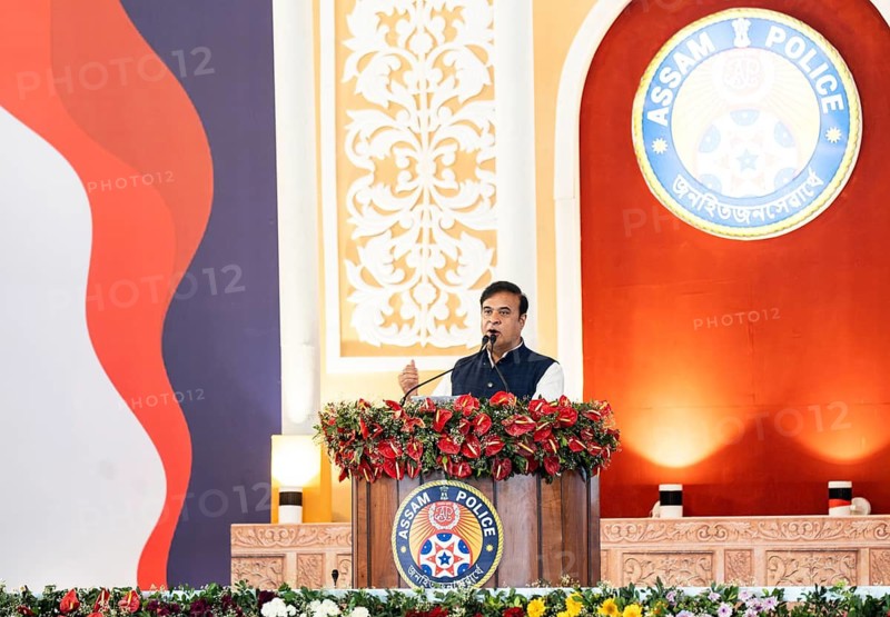 Assam Chief Minister Himanta Biswa Sarma delivers a speech during the Lachit Barphukan Police Academy inauguration on March 15, 2025 in Dergaon, India. The Lachit Barphukan Police Academy, inaugurated by Union Home Minister Amit Shah