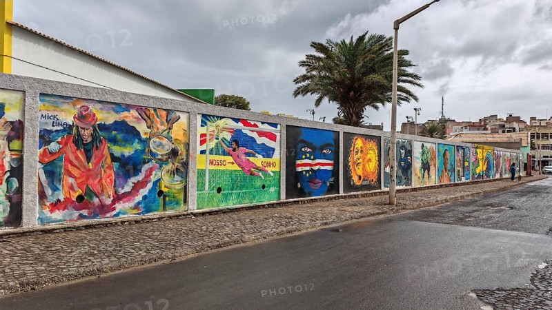 Colourful wall paintings, graffiti with various themes including portraits and cultural symbols, Mindelo, Sao Vicente, Cabo Verde, Cape Verde, Cape Verde