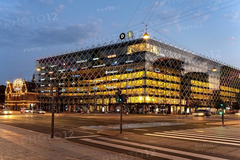 The Industrie Industriens Hus building on H.C. Andersens Boulevard at dusk, Copenhagen, Denmark