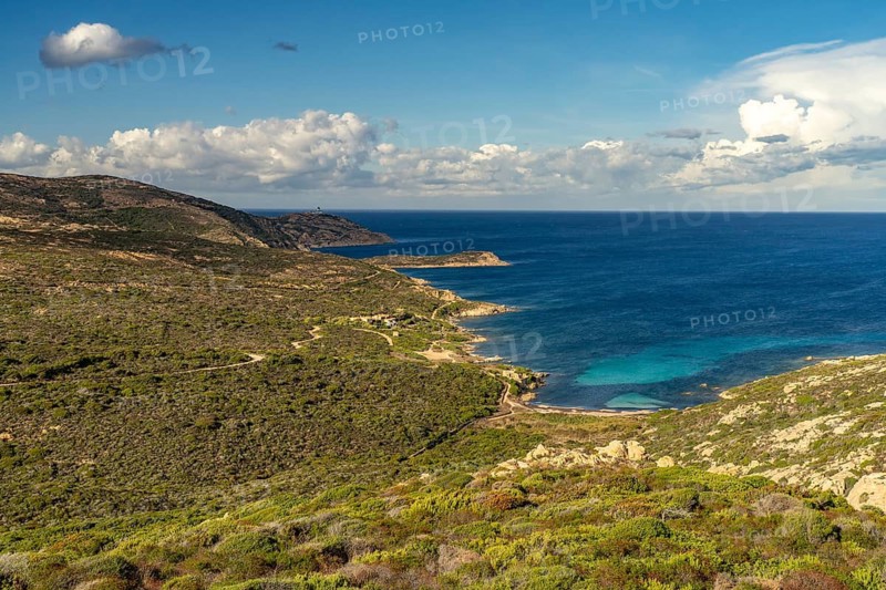 The La Revellata peninsula with the Phare de la Revellata lighthouse near Calvi, Balagne, Corsica, France