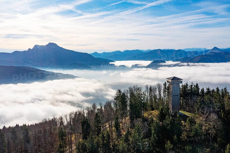 Drone shot, sea of fog in the Mondseeland with observation tower on the Kulmspitze, Mondsee, Salzkammergut, Upper Austria, Austria