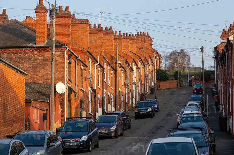 Victorian terraced housing with no front gardens, Bernard Street, inner city of Lincoln, Lincolnshire, England, UK