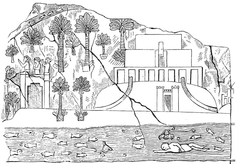 Babylonian temple, after a relief from the ruins of Babylon, entrance, palm trees, fish, man, Babil, Euphrates, Iraq, historical illustration 1880