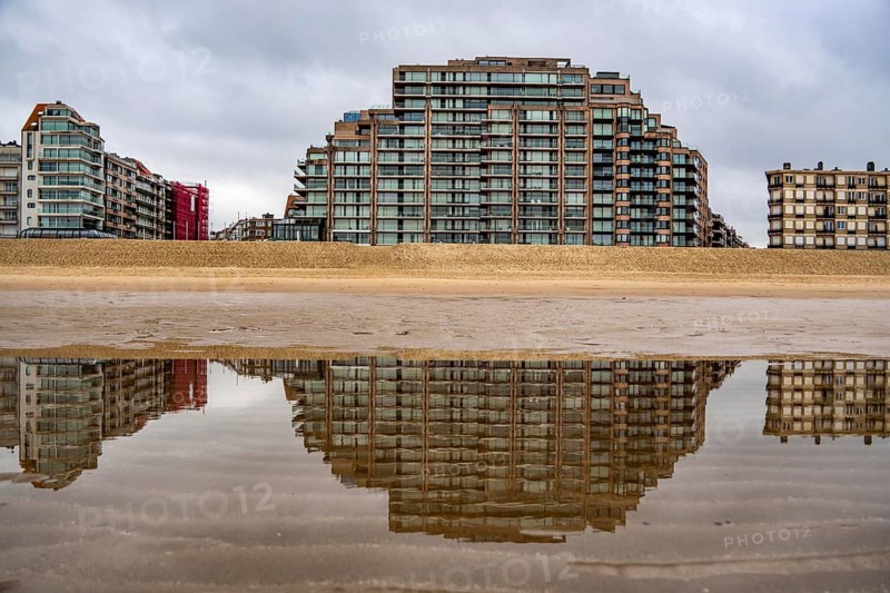 The skyline of Knokke-Heist, on the North Sea beach, dreary winter day, mostly apartment buildings with rental or condominiums, high-rise buildings on the Zeedijk-Knokke road, Belgium