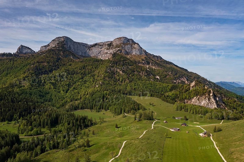 Drone image, Eisenaualm with Schafberg, Osterhorn group, Salzkammergut, Salzburg province, Austria