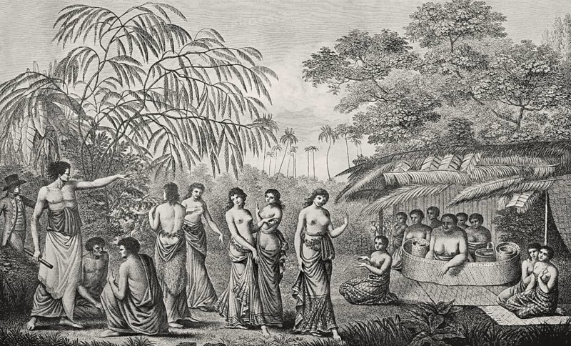 Native Tongan women dancing before Queen Tine, 18th century