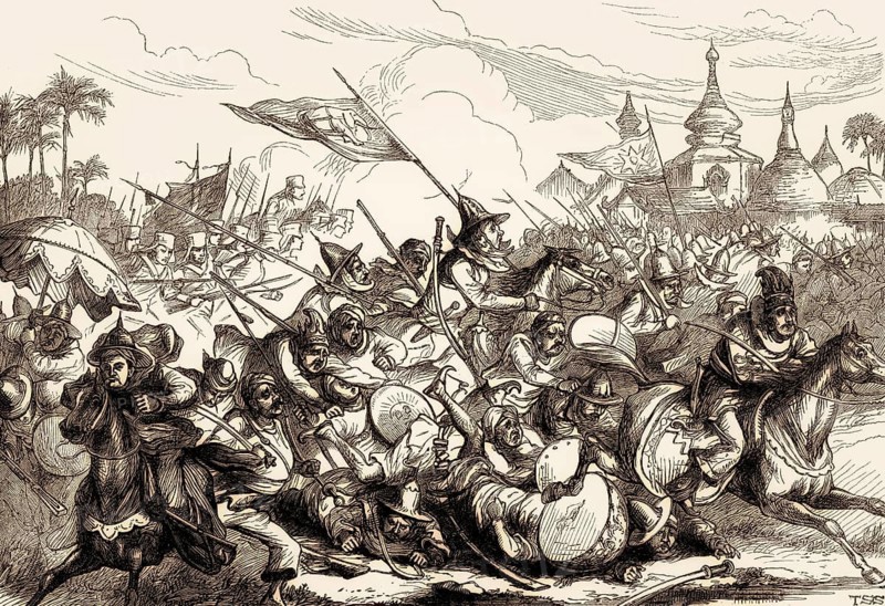 Battle of Danubyu, British major attack on 1 April 1825, First Anglo-Burmese War, From British Battles on Land and Sea, by James Grant