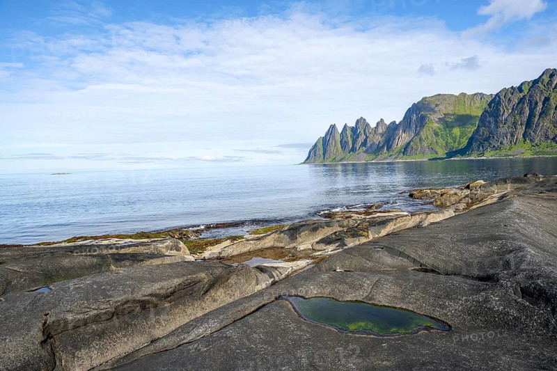 Tidal pools, rocky coast of Tungeneset, Devil's Teeth, Devil's Teeth, Okshornan, Ersfjorden, Senja Island, Troms, Norway