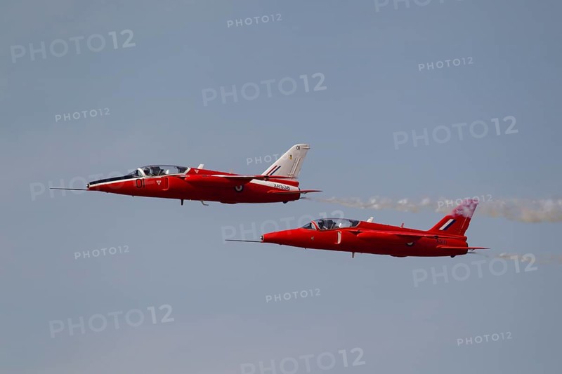 Folland Gnat two aircraft in RAF Royal air force colours flying, England, United Kingdom