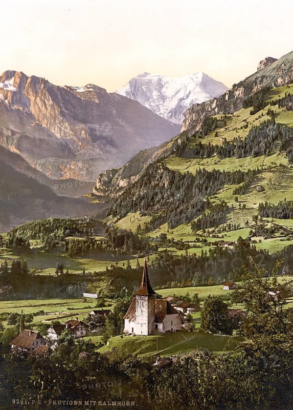 Frutigen und Balmhorn, ein Gemeinde im Berner Oberland im Kanton Bern in der Schweiz, Historic, digitally restored reproduction from a 19th century original, Record date not stated, Frutigen and Balmhorn, a municipality in the Bernese Oberland in the canton of Bern in Switzerland, Historic, digitally restored reproduction from a 19th century original, Record date not stated