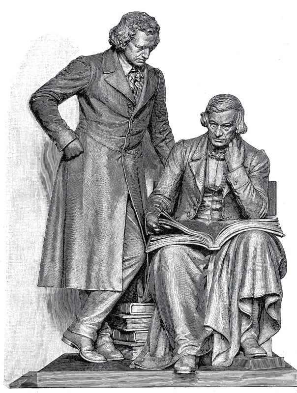 Memorial to the Brothers Grimm in Hanau, illustration from 1896, illustration, reproduction from a model from the 19th century. Authentic, file restored for optimal use, exact date of submission unknown, Historic, Two men in period clothing looking at a book on a statue