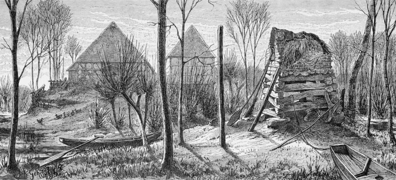 Farmhouse on a wurt in Waakhausen near Worpswede, Lower Saxony, farmhouse, half-timbered house, thatched roof, hill, hay, water, rowing boat, idyll, Germany, historical illustration 1880