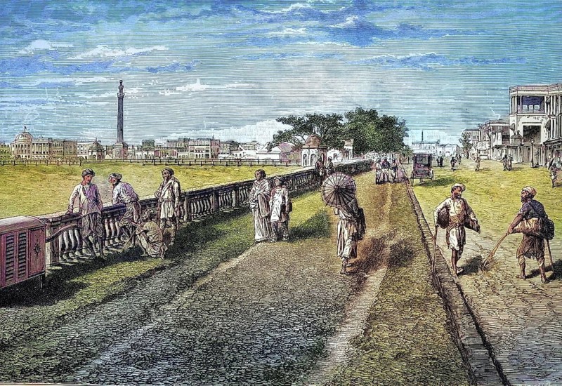 Street Course in Calcutta, India, coloured wood engraving, reproduction of an original from ca 1888, historical, walker on promenade, surrounded by historical buildings under blue sky