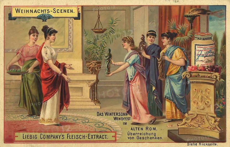 Picture series Christmas scenes, The winter solstice festival, winter solstice, in ancient Rome, presentation of gifts, Liebig picture, digitally restored reproduction of a collector's picture from ca 1900, public domain, exact date unknown, woman in ancient Rome presenting gifts in a festive setting