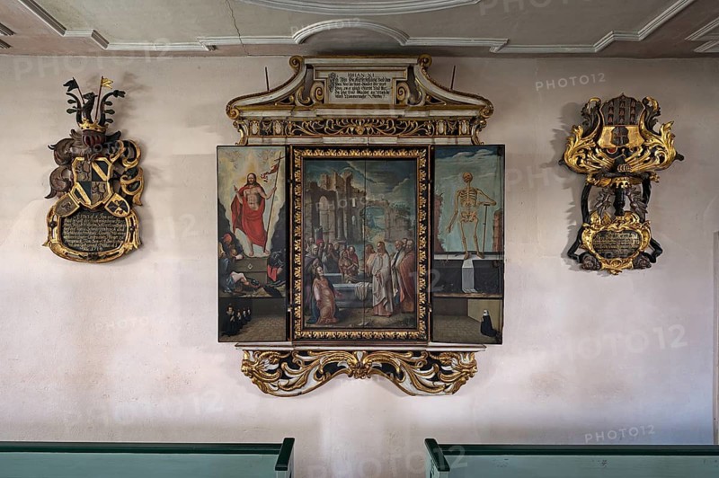 Painted epitaph for Sigmund Herel, painted by Georg Gärtner, Nuremberg 1619, in the baroqueised town church of St. Maria, Hersbruck, Middle Franconia, Bavaria, Germany