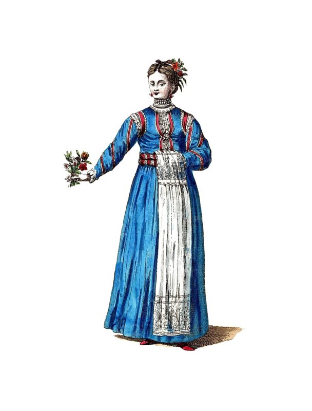 Historical clothing, fashion over time, clothing of a young woman from Wallachia in 1700, Romania, digitally restored reproduction of a model from the 18th/19th century, exact date unknown, woman in blue clothing with flowers in her hand, historical style