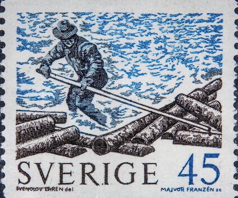 Floating worker. Floating is a way of transporting timber in flowing waterways from the forests in the interior of northern Sweden to downstream mines and sawmills, which were often located on the coast. The timber was allowed to follow the flowing water in rivers. Flotation in Sweden is said to have started on a larger scale during the 14th and 15th centuries in connection with the rise of mining and the need for large quantities of wood for ore mining and iron production. Image on Swedish stamp