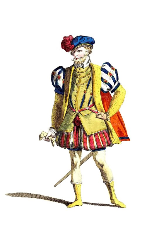 Historical clothing, fashion over the course of time, clothing of a nobleman from Rome, around 1680, Italy, digitally restored reproduction of a model from the 18th/19th century, exact date unknown, man in lively Renaissance outfit with sceptre and feather jewellery