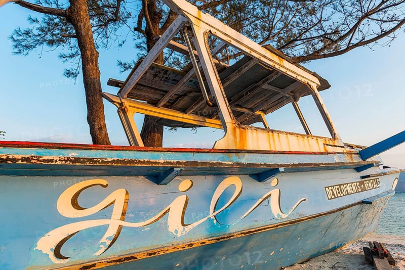 Light blue old wooden fishing boat, boat, ship, wreck, dilapidated, ocean, holiday, travel, Gili Air, Indonesia