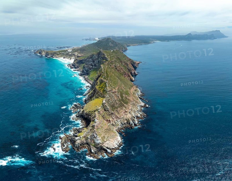 Aerial view, cliffs and sea at Cape of Good Hope, Cape Point Lighthouse, Cape Peninsula, Cape Point Nature Reserve, Cape Town, South Africa