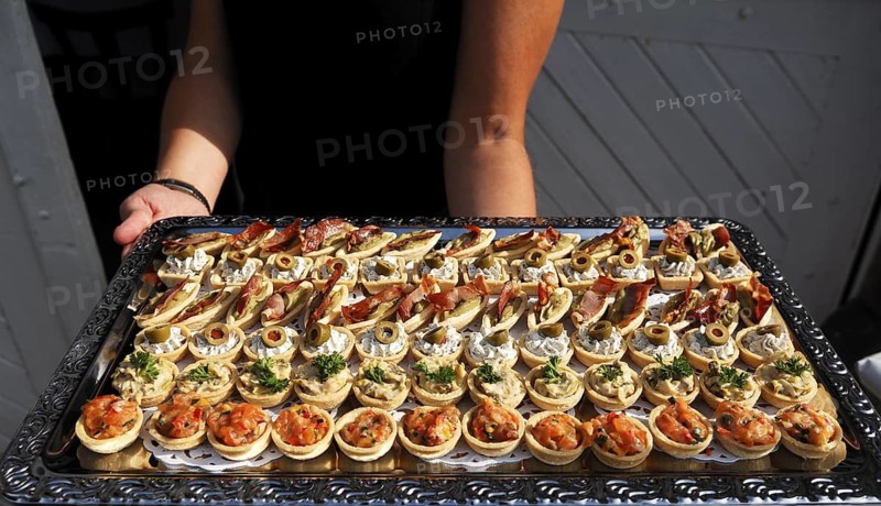 Finger food is served on a silver platter at a wedding, Bad Essen, Lower Saxony, Germany