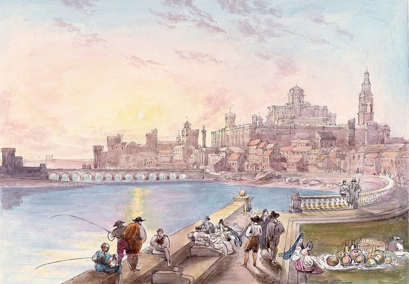 Cordoba on the Guadalquiver River, Spain, digital reproduction of a painting by Charles Hamilton Smith (1776-1859), historical