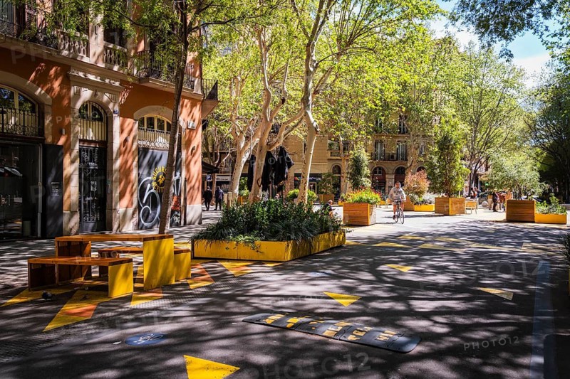 Superblock or Superilla in the Sant Antoni neighbourhood, a heavily car-restricted area of the city in Barcelona, Spain