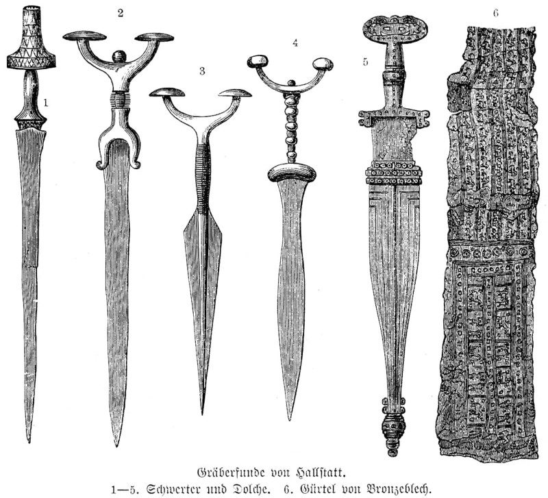 Finds with ornamentation from graves of the Hallstatt cemetery, swords and daggers (1-5), bronze belt (6), bronze ore, archaeology of the Early Stone Age or Hallstatt culture, Salzkammergut, history of mankind, Austria, historical illustration 1880
