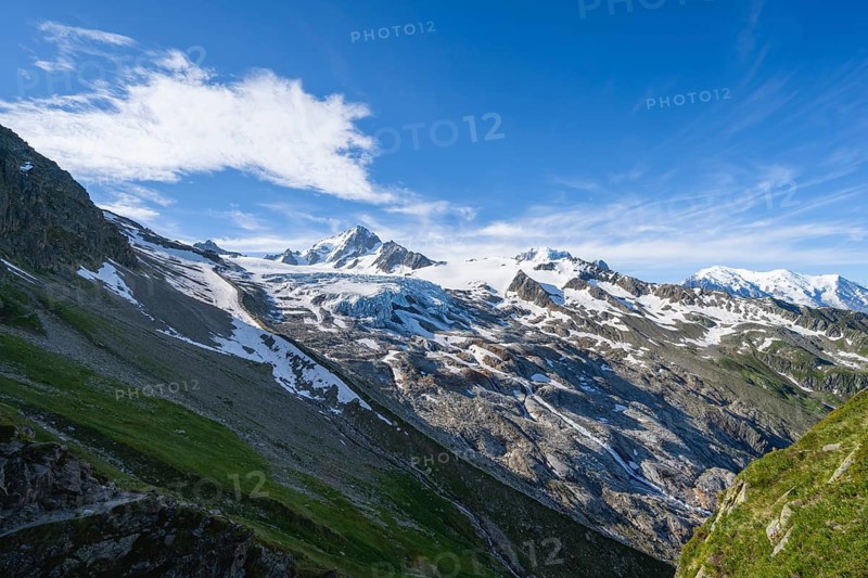 High alpine mountain landscape, summit of the Aiguille de Chardonnet and Glacier du Tour, glaciers and mountain peaks, Chamonix, Haute-Savoie, France