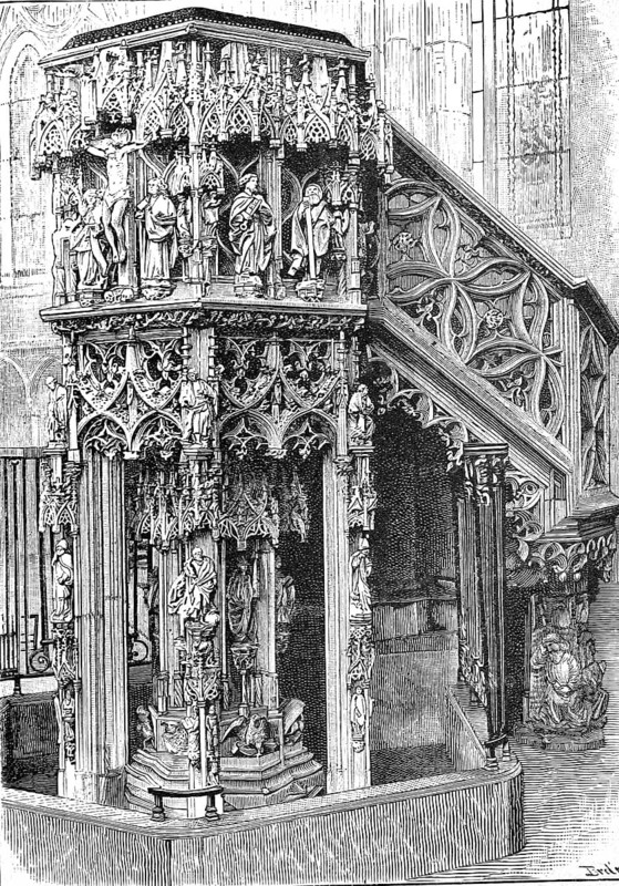 The pulpit of Strasbourg Cathedral, Strasbourg Cathedral, 1880, France, illustration, reproduction from a model from the 19th century. Authentic, file restored for optimal use, exact date of submission unknown, historical