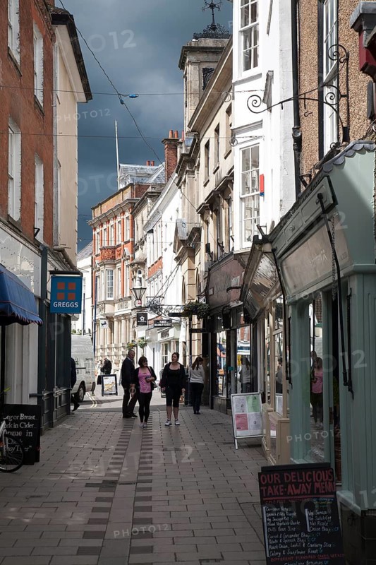 Historic buildings in Little Brittox shopping street, Devizes, Wiltshire, England, United Kingdom