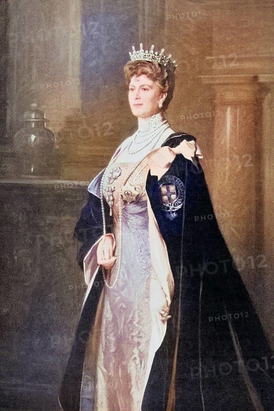 Queen Maria. Mary of Teck. Full name: Victoria Mary Augusta Louise Olga Pauline Claudine Agnes. 1867 to 1953. As the wife of King George V, she was Queen of the United Kingdom and the British Dominions and Empress of India. From the book Buckingham Palace, It's Furniture, Decoration and History by H. Clifford Smith, published in 1931, Historical, digitally restored reproduction from a 19th century original, Record date not stated