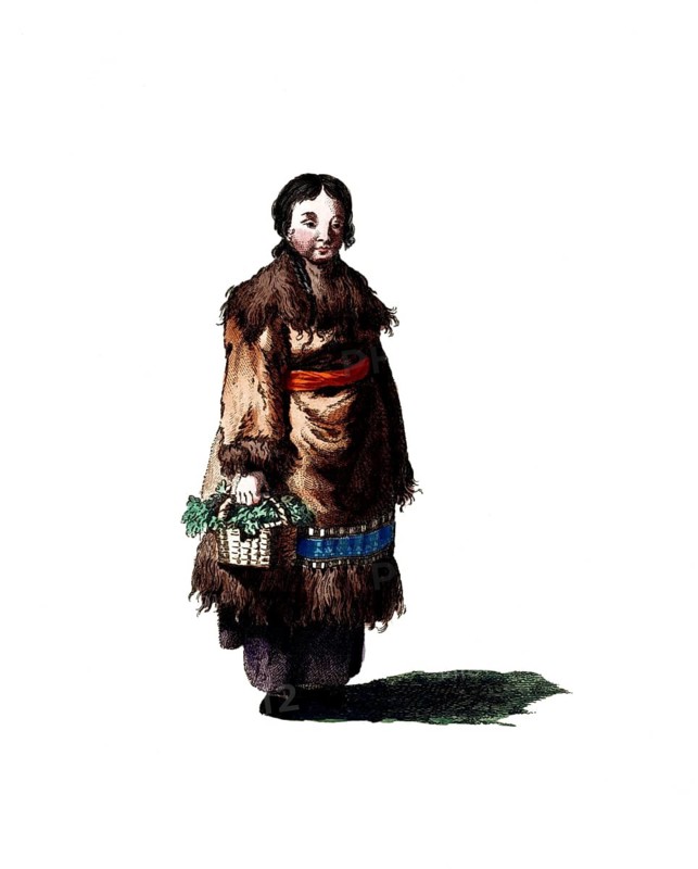Historical clothing, fashion over time, clothing of a woman, Kamchadalin, around 1768, Kamchadals belong to the indigenous peoples of the Russian Far East, Russia, digitally restored reproduction of an 18th/19th century model, exact date unknown, A woman in a thick fur coat carrying a basket