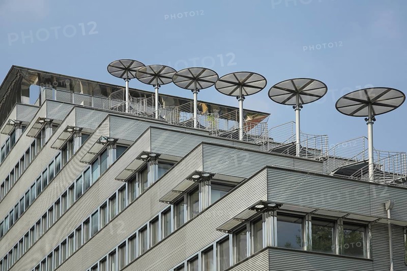Morrow, modern building with terraces and umbrellas, steps, Frankfurt am Main, Hesse, Germany