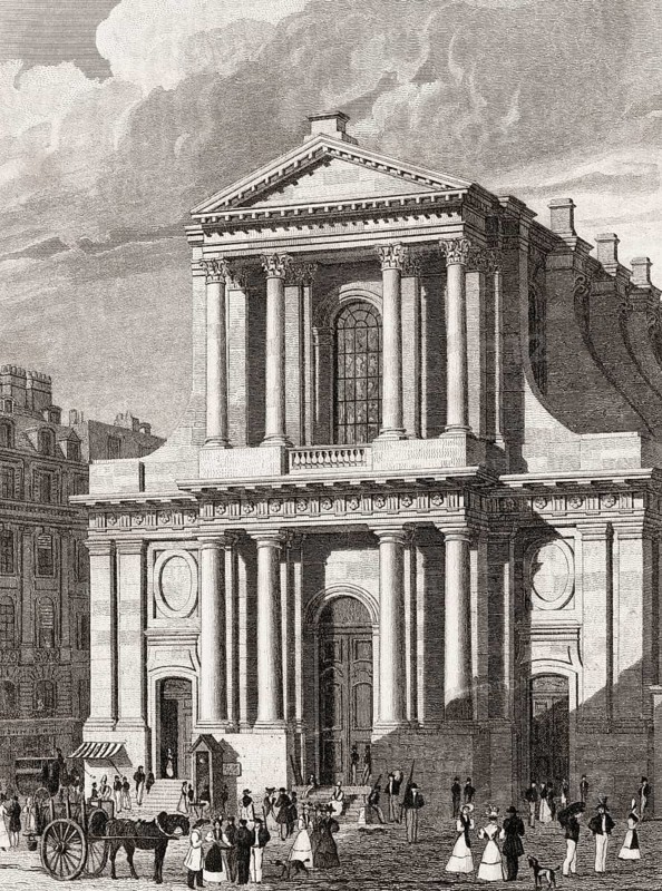 The Temple Protestant de l'Oratoire du Louvre, Paris, antique steel engraved print, 1831