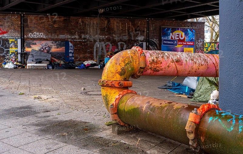 Waste and rubbish collection point, homeless people under the Jannowitzbrücke, Berlin, Germany