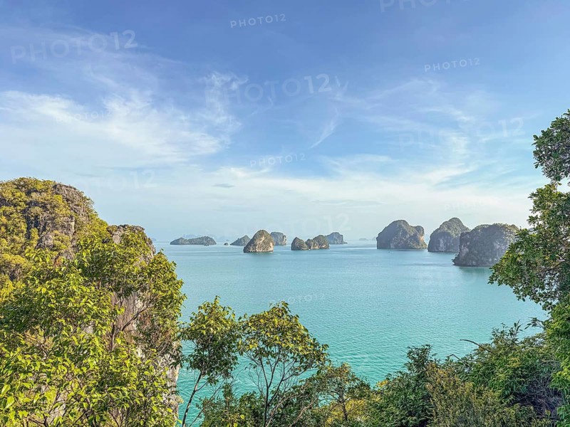 Stunning limestone islands scattered across turquoise waters in Thailand, surrounded by lush green trees, under a bright blue sky. A peaceful tropical landscape for nature lovers