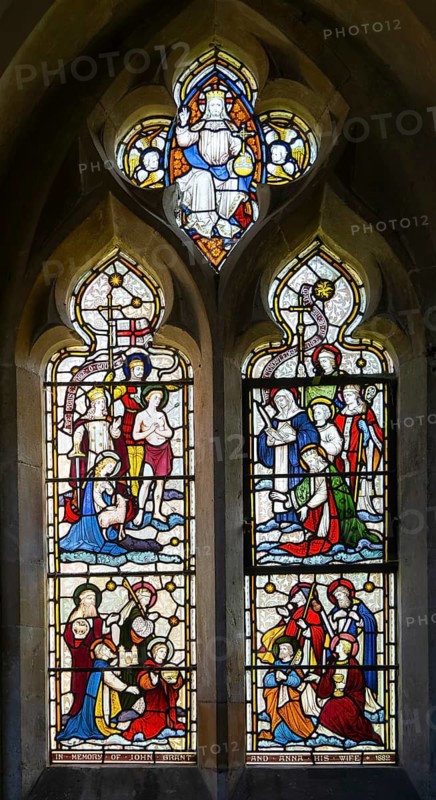 Stained glass window of Martyrs, Prophets, Saints praising God, Manningford Bruce church, Wiltshire, England, UK by Clayton and Bell 1882