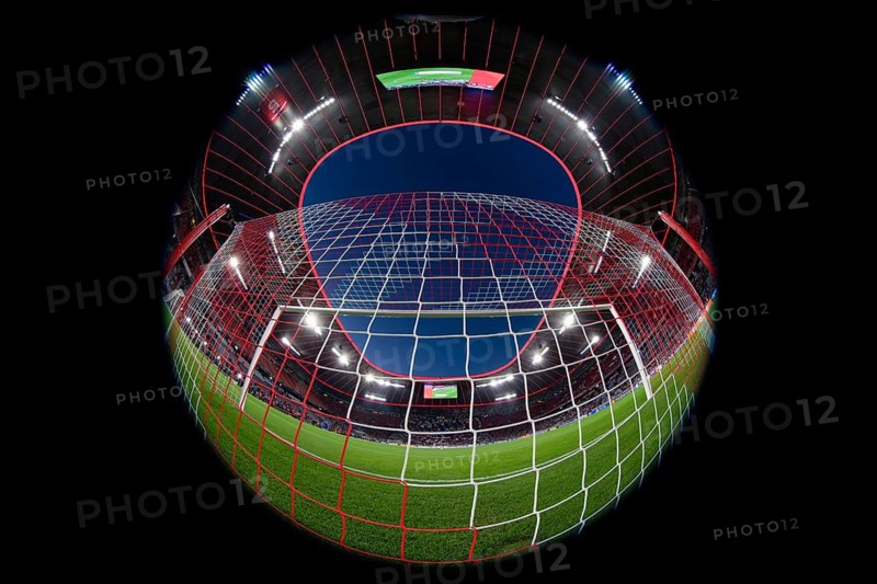 Overview, interior, floodlit match, behind-the-goal perspective, goal net, blue hour, fisheye shot, Champions League, Allianz Arena, Munich, Bavaria, Germany