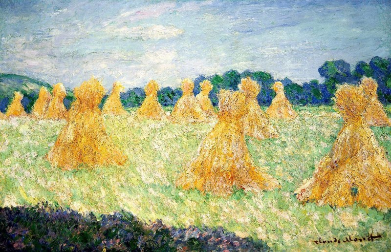 Claude Monet (b. 14 November 1840 in Paris as Oscar-Claude Monet, d. 5 December 1926) important French painter, Impressionist style. Here is his work, The Young Ladies of Giverny, Sun Effect (1894), A field full of heaps of grain under a blue sky conveys rural tranquillity
