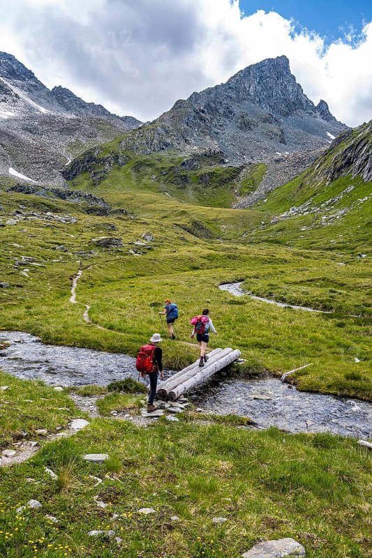Hiker on hiking trail, stream with bridge, Lasörling Höhenweg, Lasörling Group, Hohe Tauern National Park, East Tyrol, Tyrol, Austria
